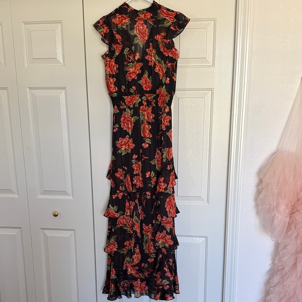 Black Floral Maxi Dress Smocked Waist Ruffle Romantic Wedding Guest Sz 0 - Picture 5 of 10
